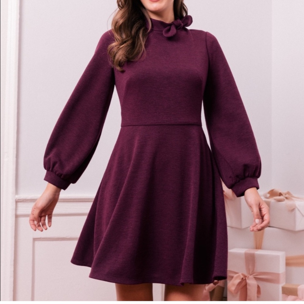 Gal Meets Glam Plum Bow-Detail Long-Sleeve Fit-and-Flare Dress - Picture 2 of 7